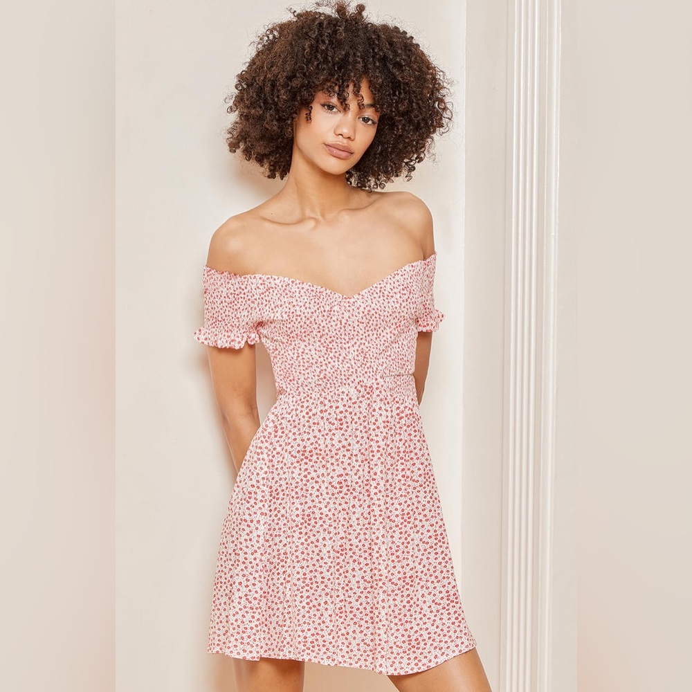 Lulus red floral off the shoulder mini dress